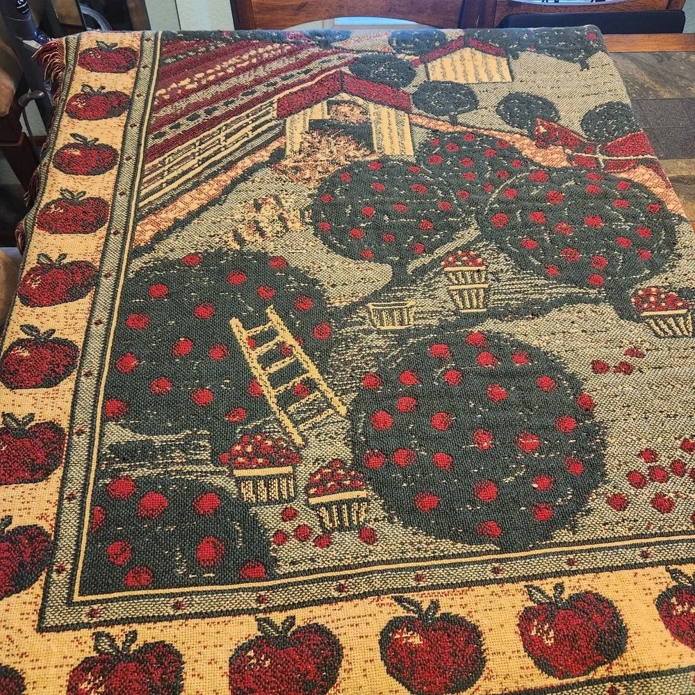Vtg woven‎ Tapestry Throw Blanket Horses Barn Apple Orchard Thick Cotton Fringe